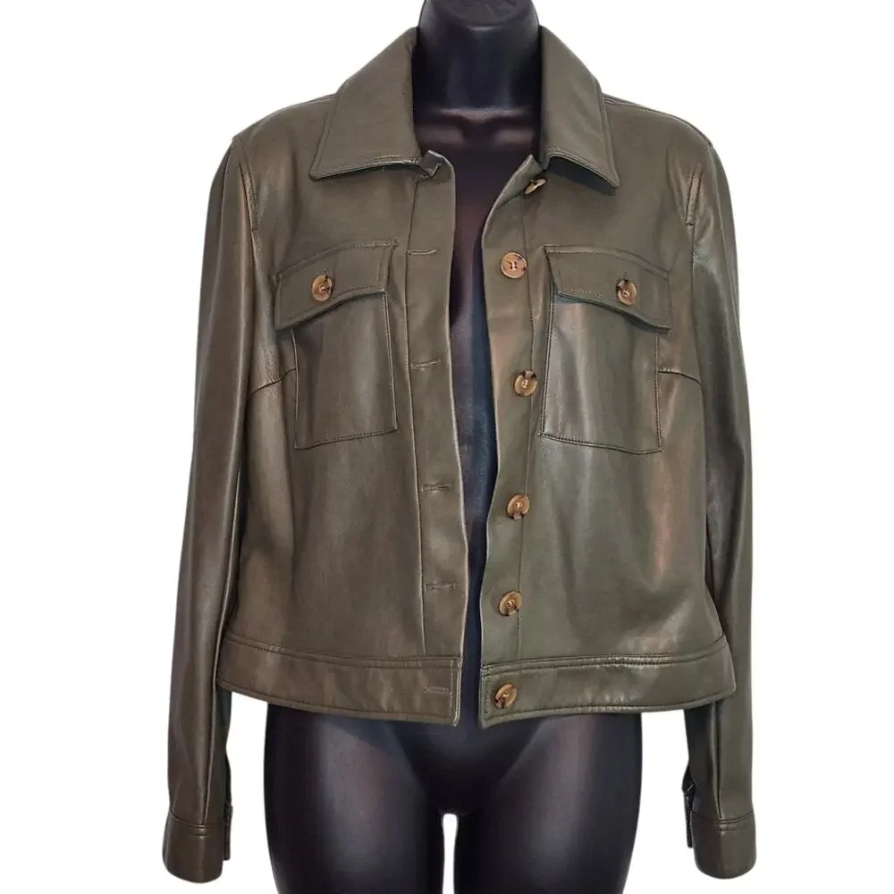 Bagatelle Collection faux leather jacket button front olive green size S